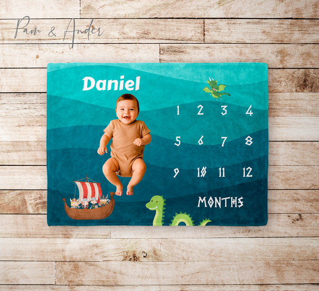 Baby Milestone Velveteen Plush Blanket with Viking Design Hover Image