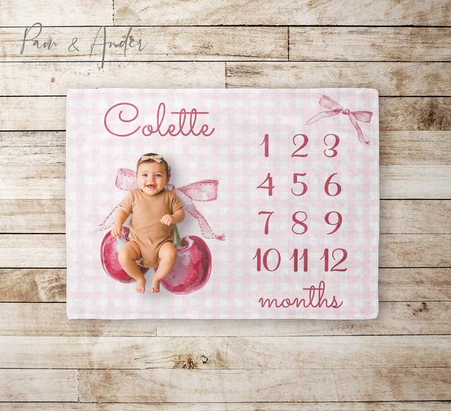 Cherries & Bows Pink Baby Girl Milestone Blanket Hover Image