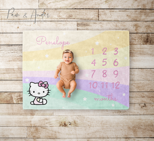Kitty Milestone Blanket, Rainbow Baby Girl Velveteen blanket Hover Image