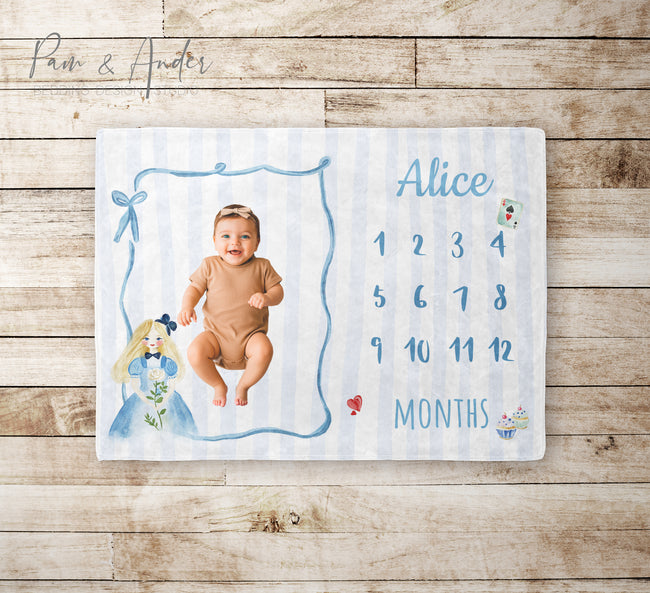 Alice In Wonderland Milestone Blanket, Baby Girl Blanket, Newborn Gift, Personalized Baby Blanket, Baby Shower Gift Hover Image