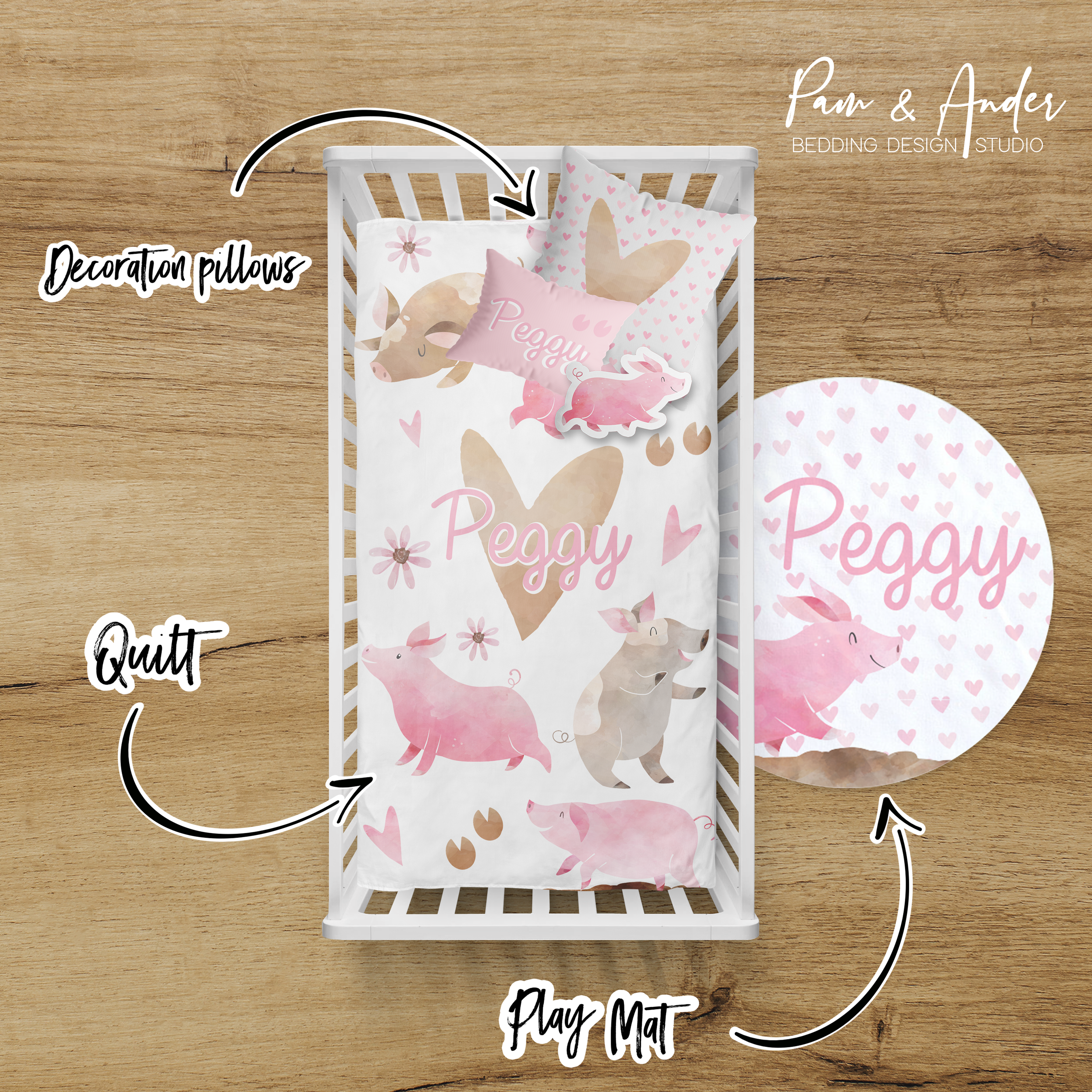 Heart Pig Crib Bedding Set