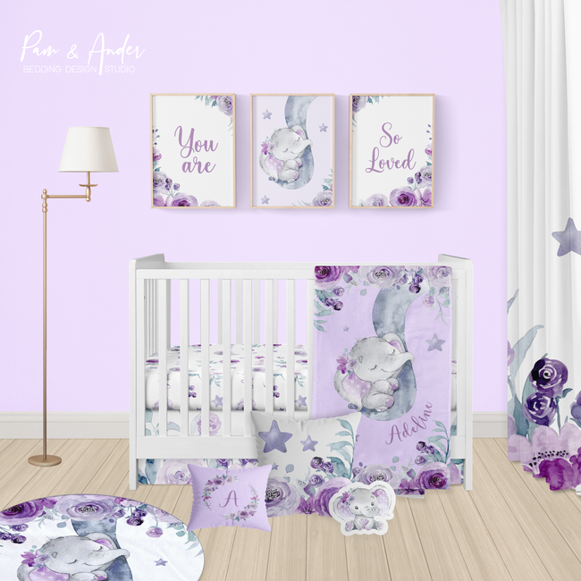 Purple Elephant Crib bedding set Hover Image