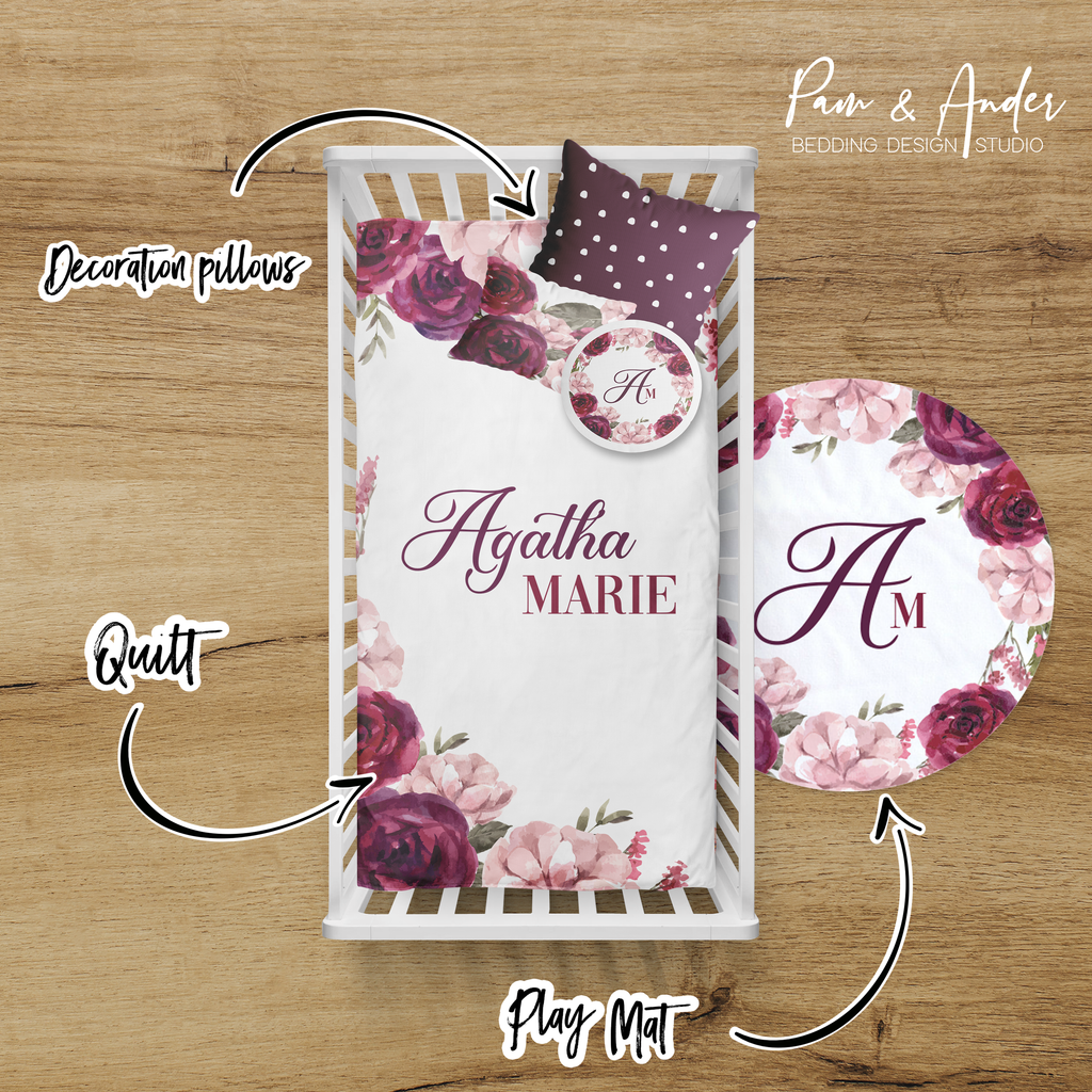 Burgundy Floral Crib bedding set