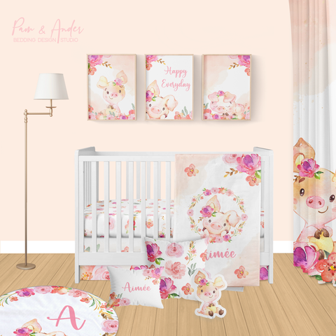 Floral Pig Girl Crib Bedding Set