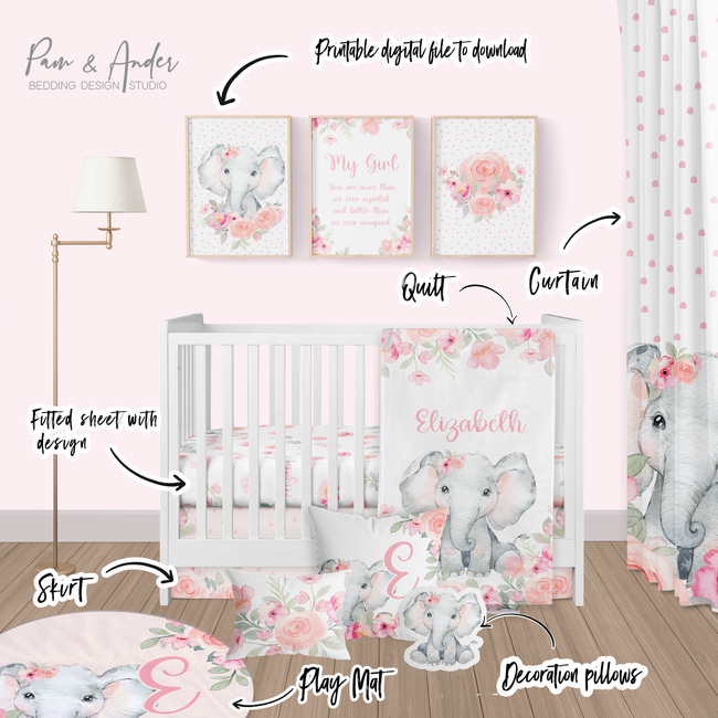 Floral Elephant Crib bedding set Main Image