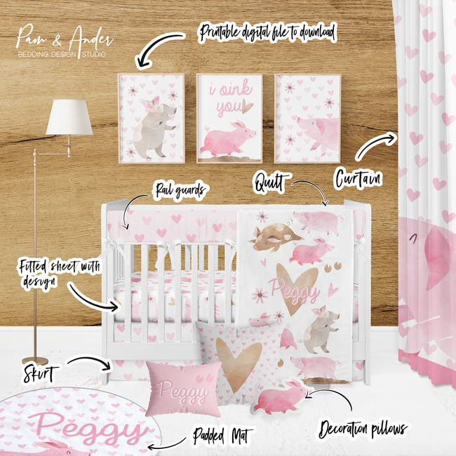 Heart Pig Crib Bedding Set Main Image