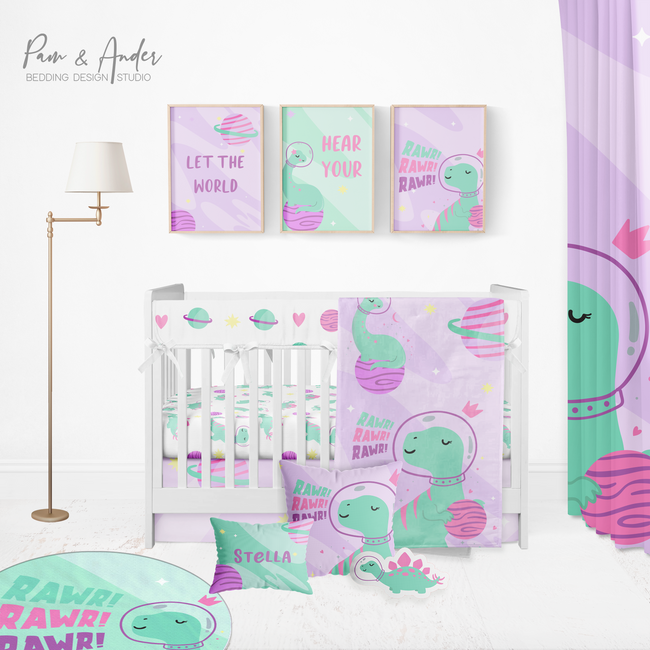 Space Dino Girl Crib Bedding Set Hover Image