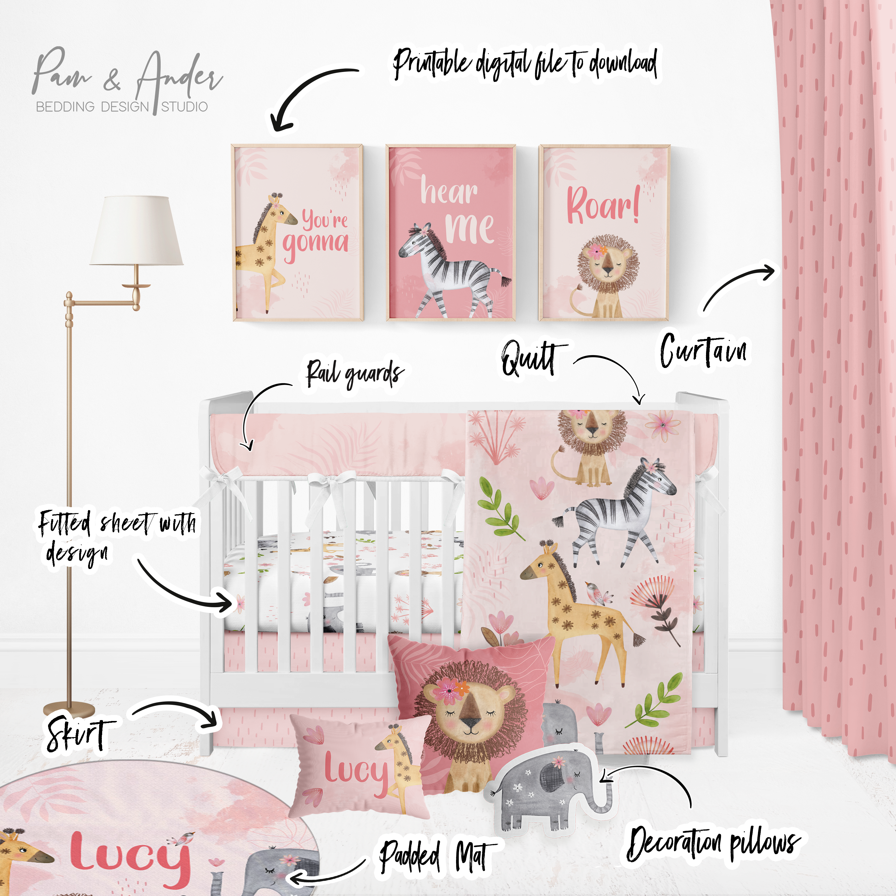 Pink Safari Crib bedding set