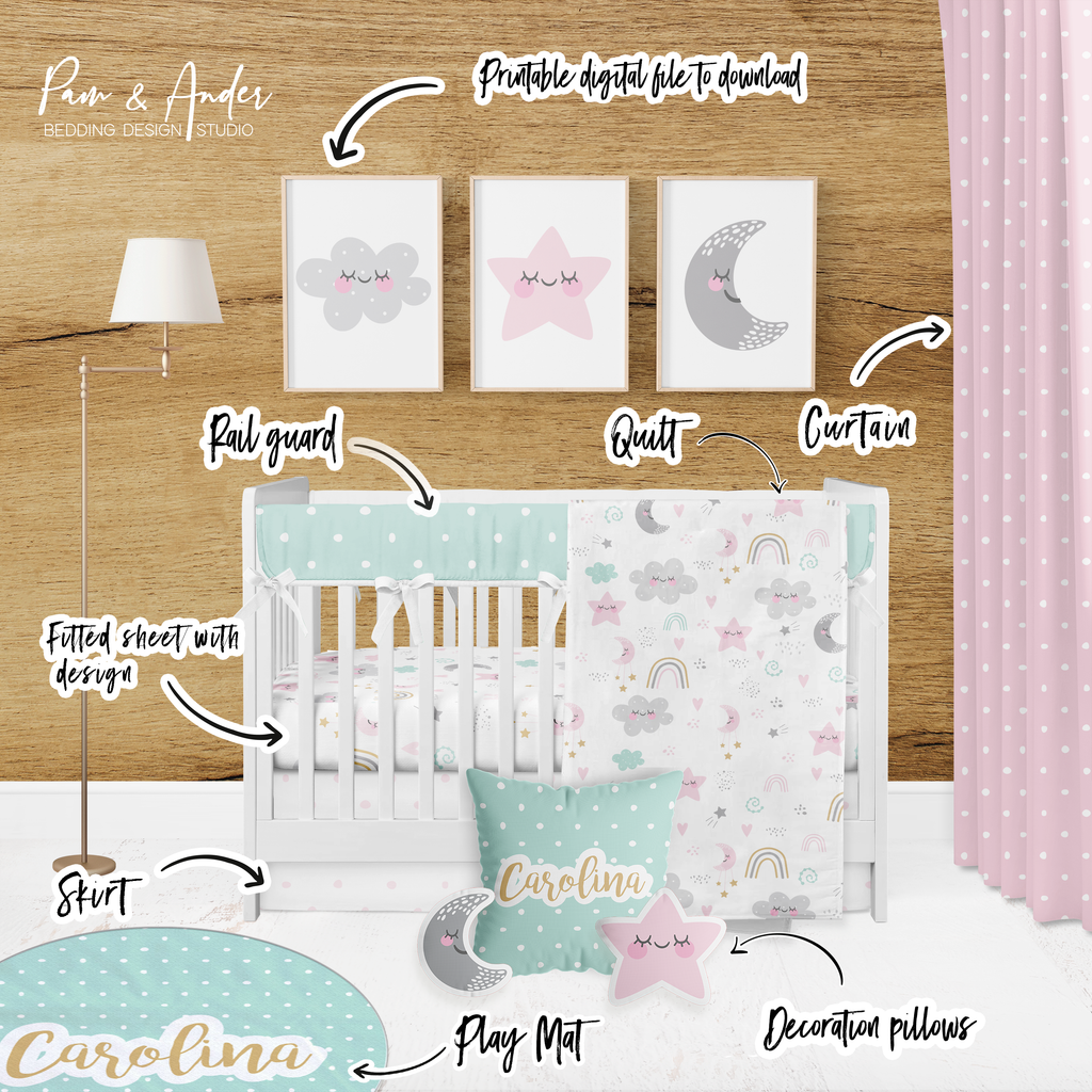 Cute Pattern Moon and Stars Crib bedding set