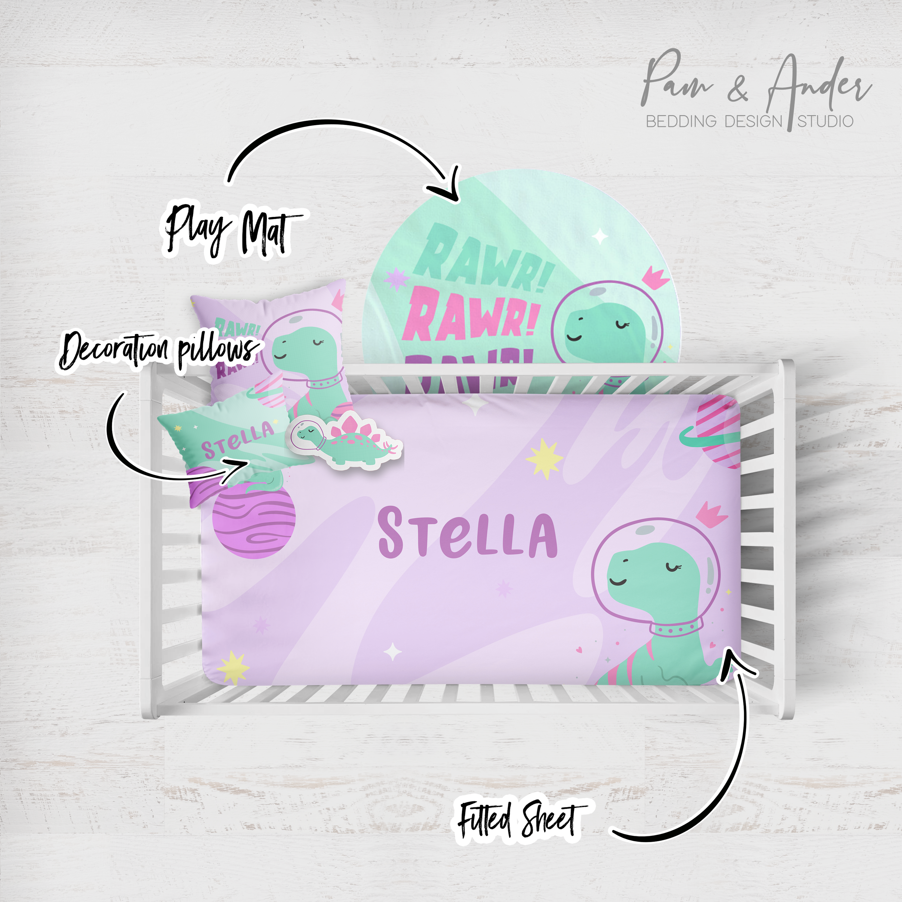 Space Dino Girl Crib Bedding Set