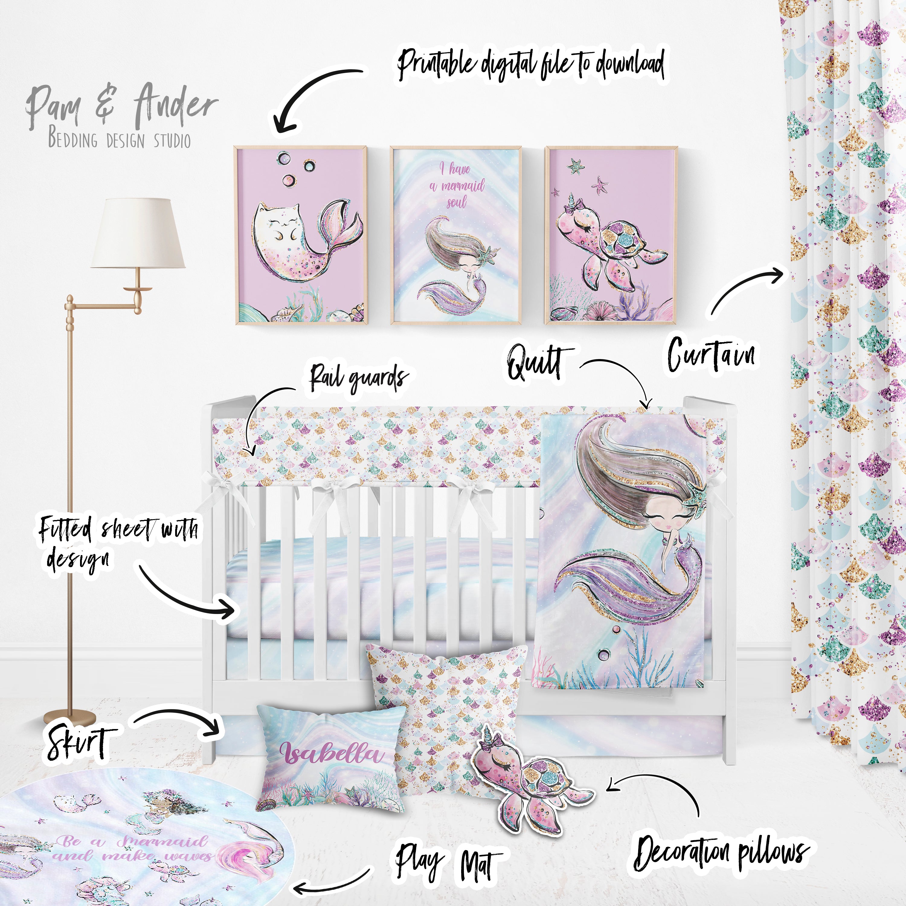 Mermaid and glitter Crib Bedding Set