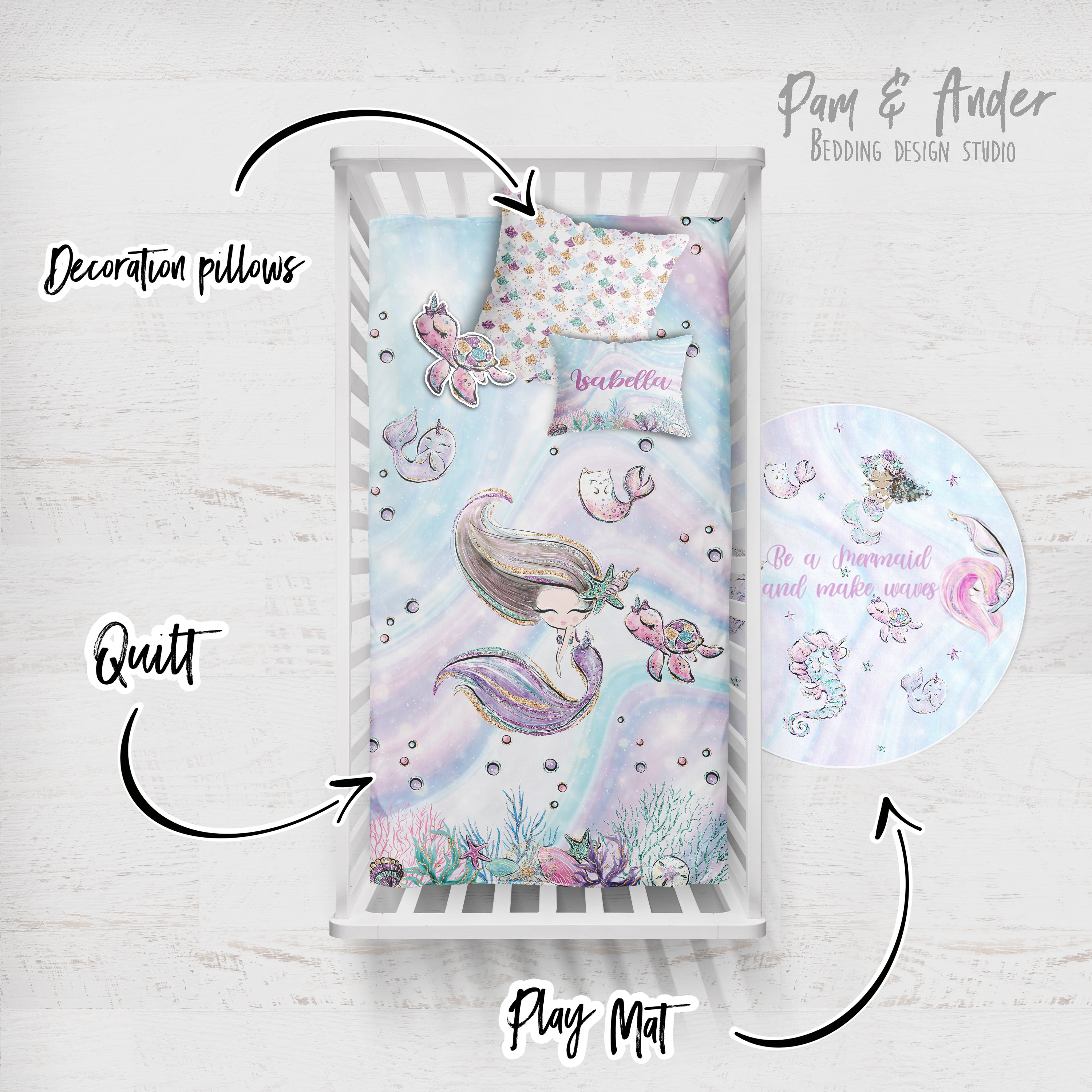Mermaid and glitter Crib Bedding Set