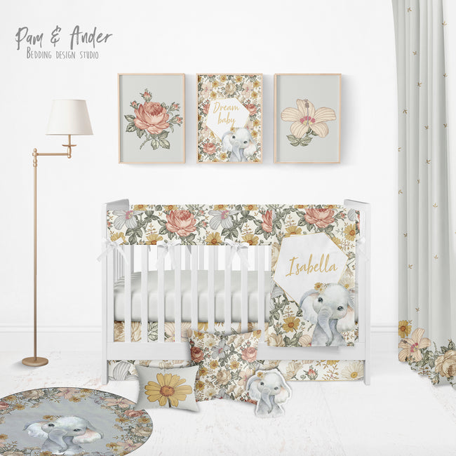 Elephant and vintage Flowers Crib Bedding Set Hover Image
