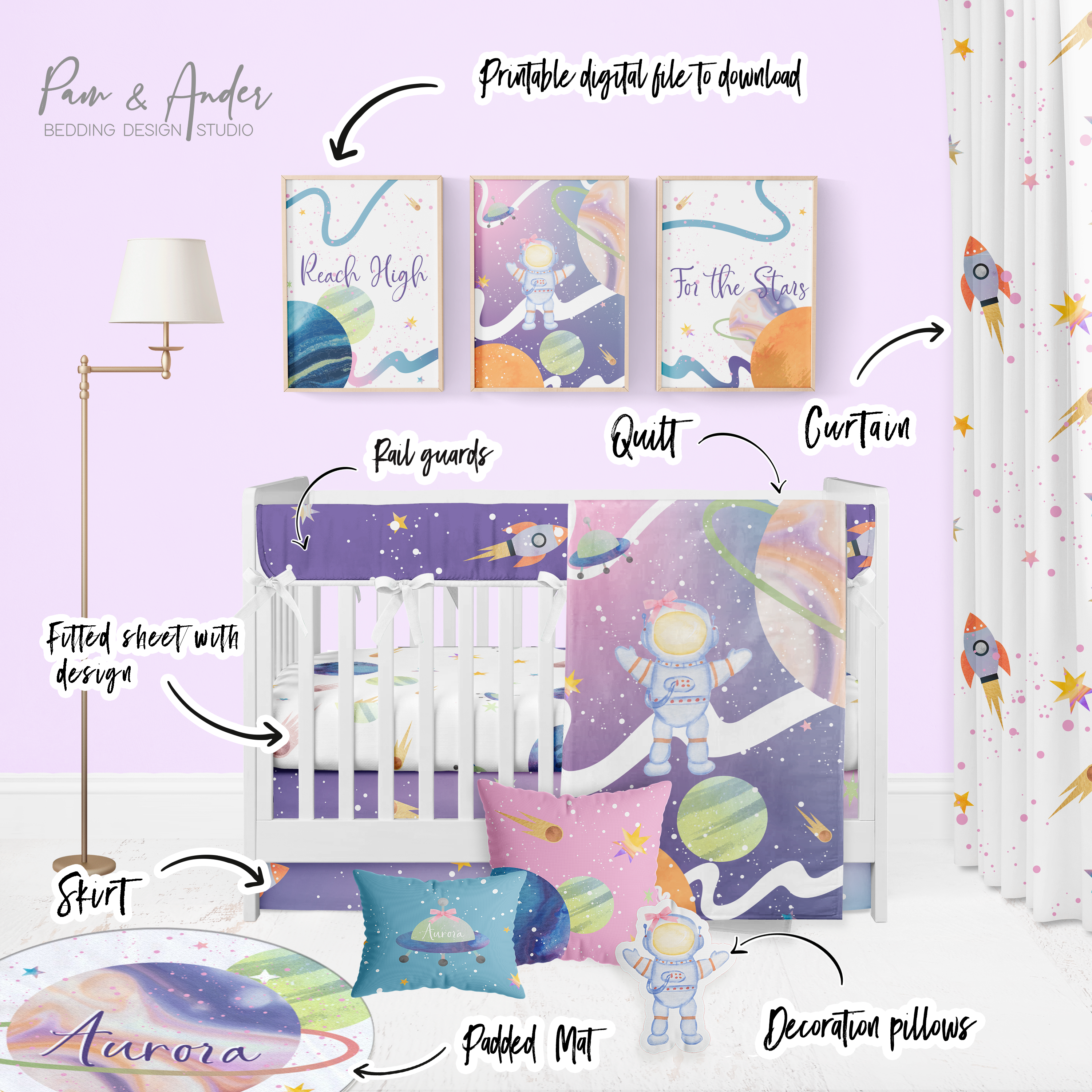 Outer Space for Girl Crib Bedding Set