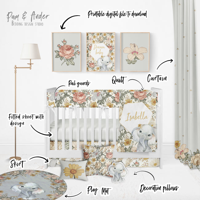 Elephant and vintage flowers Build your Bundle Main Image