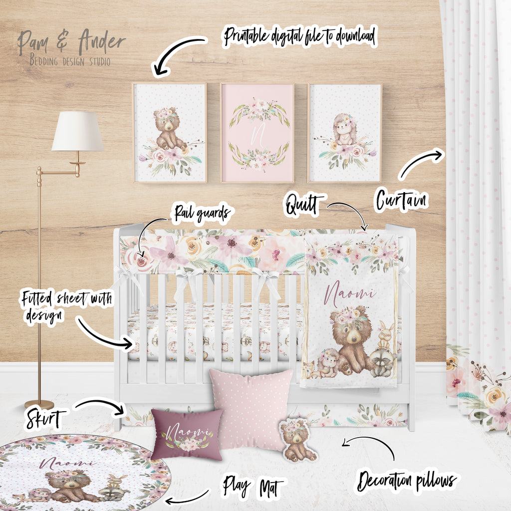 Bear and Flowers Crib Bedding Set