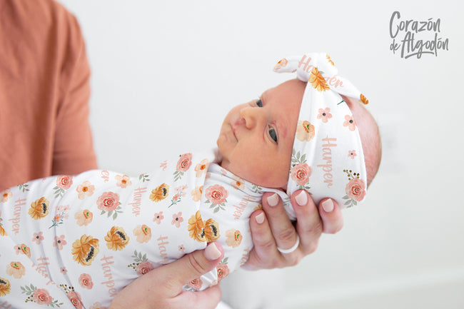 Orange Flowers Baby Girl Swaddle Set Hover Image