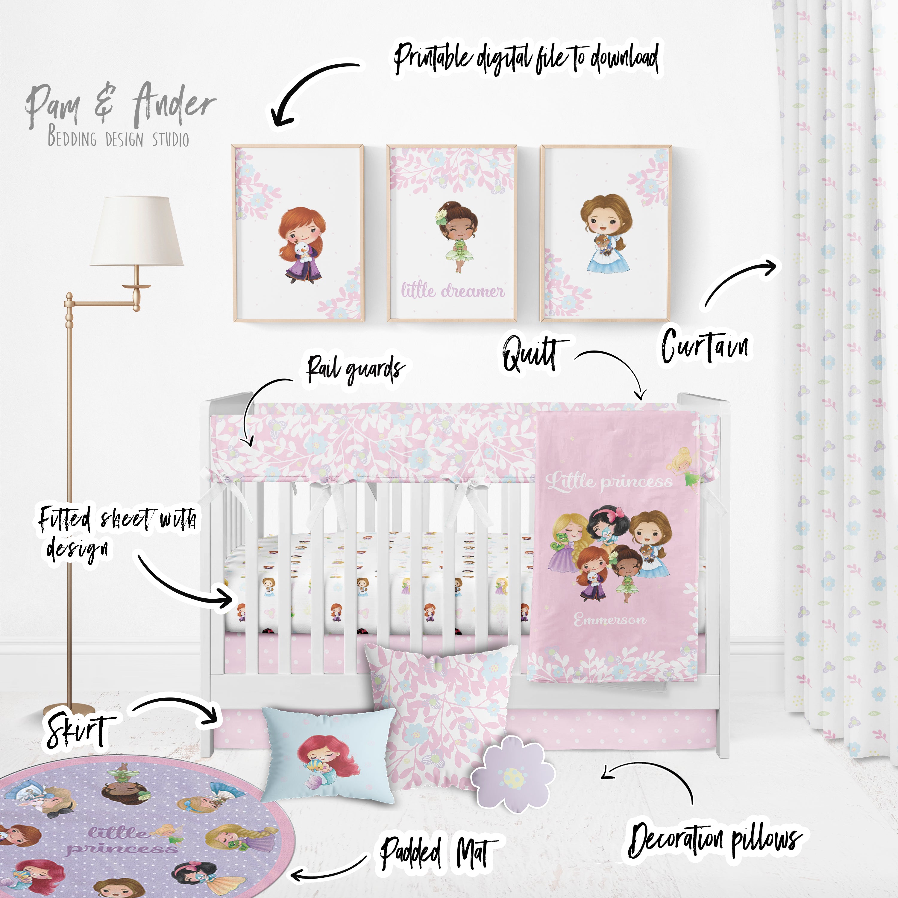 Princesses Crib Pink Bedding Set