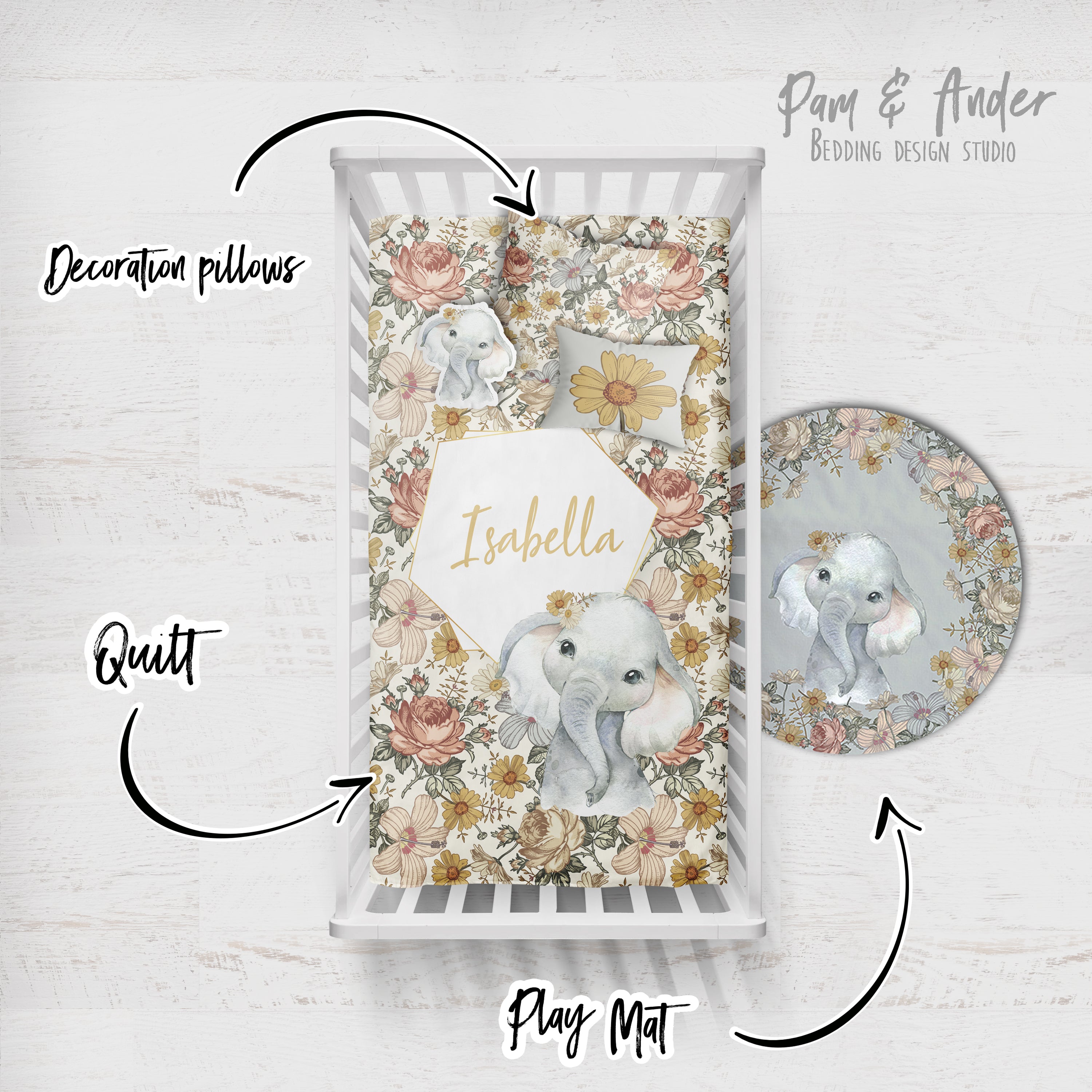 Elephant and vintage flowers Build your Bundle