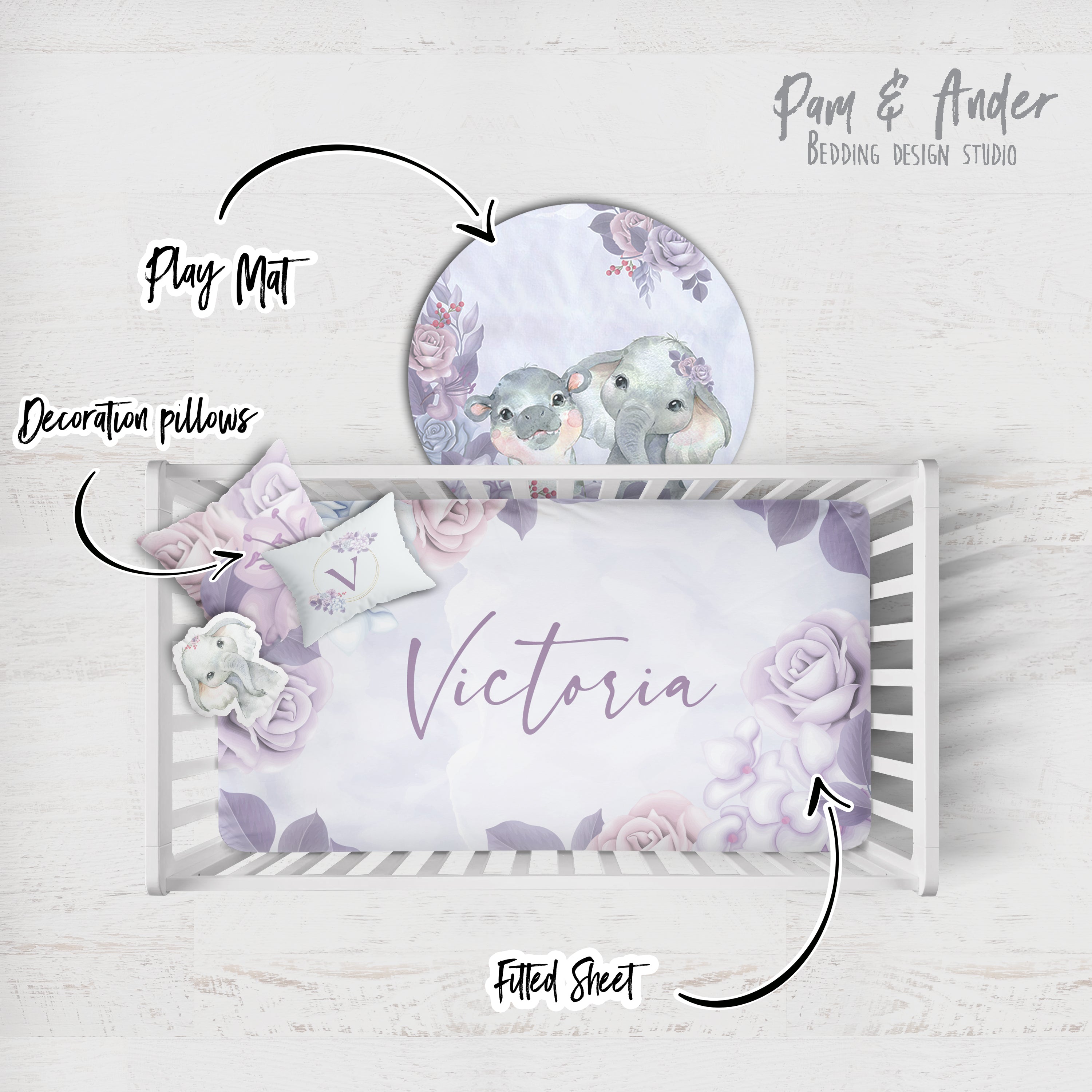 Elephant purple Crib Bedding Set