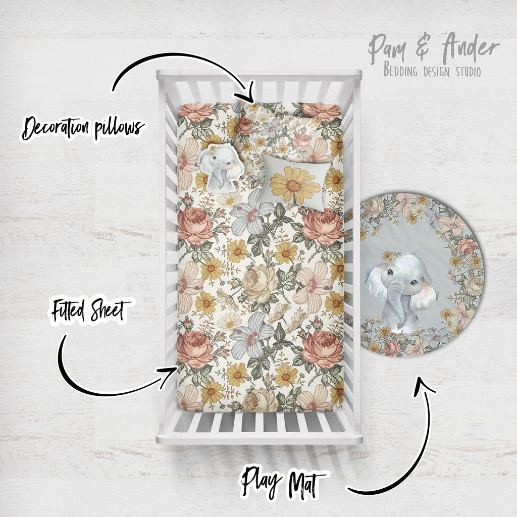 Elephant and vintage Flowers Crib Bedding Set