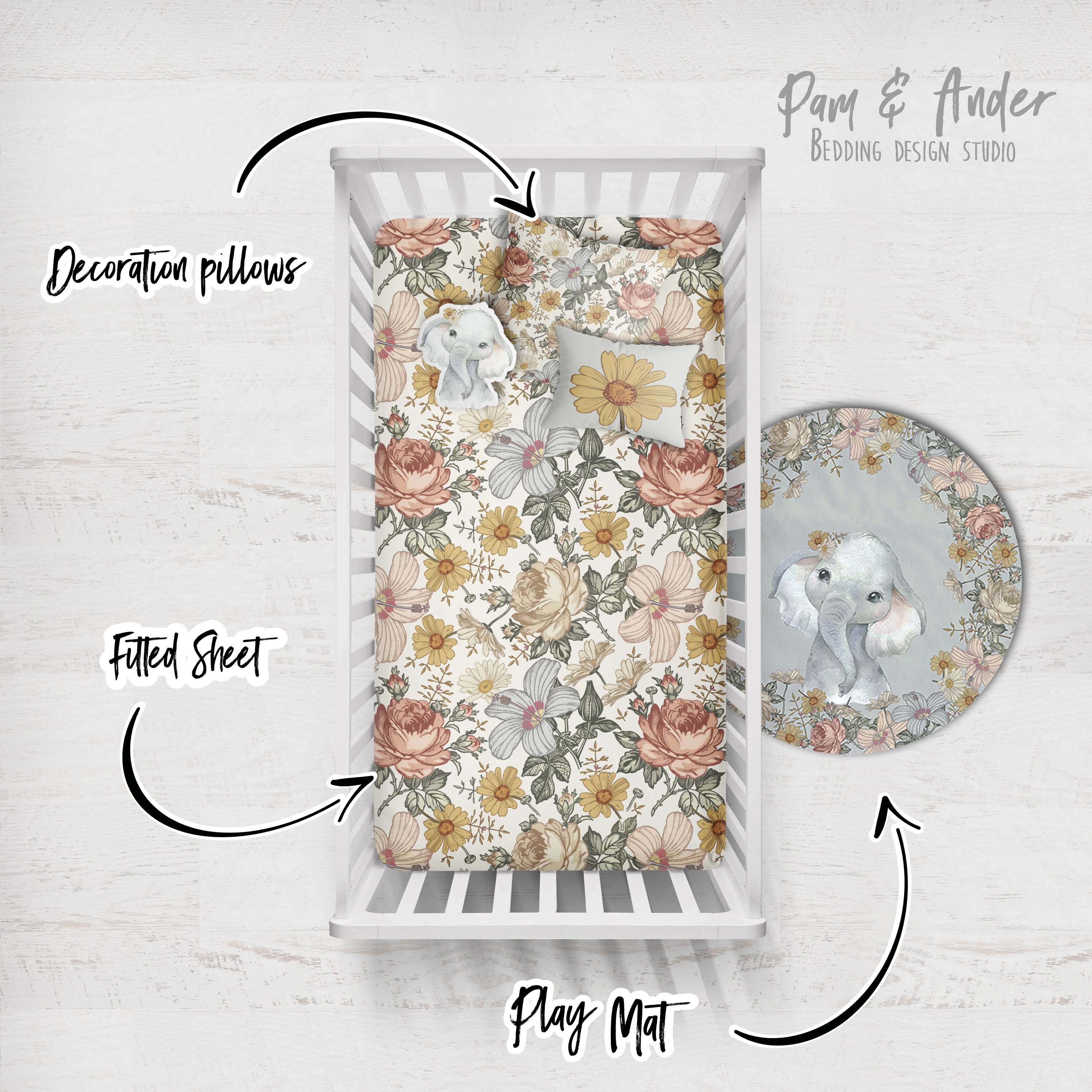 Elephant and vintage Flowers Crib Bedding Set