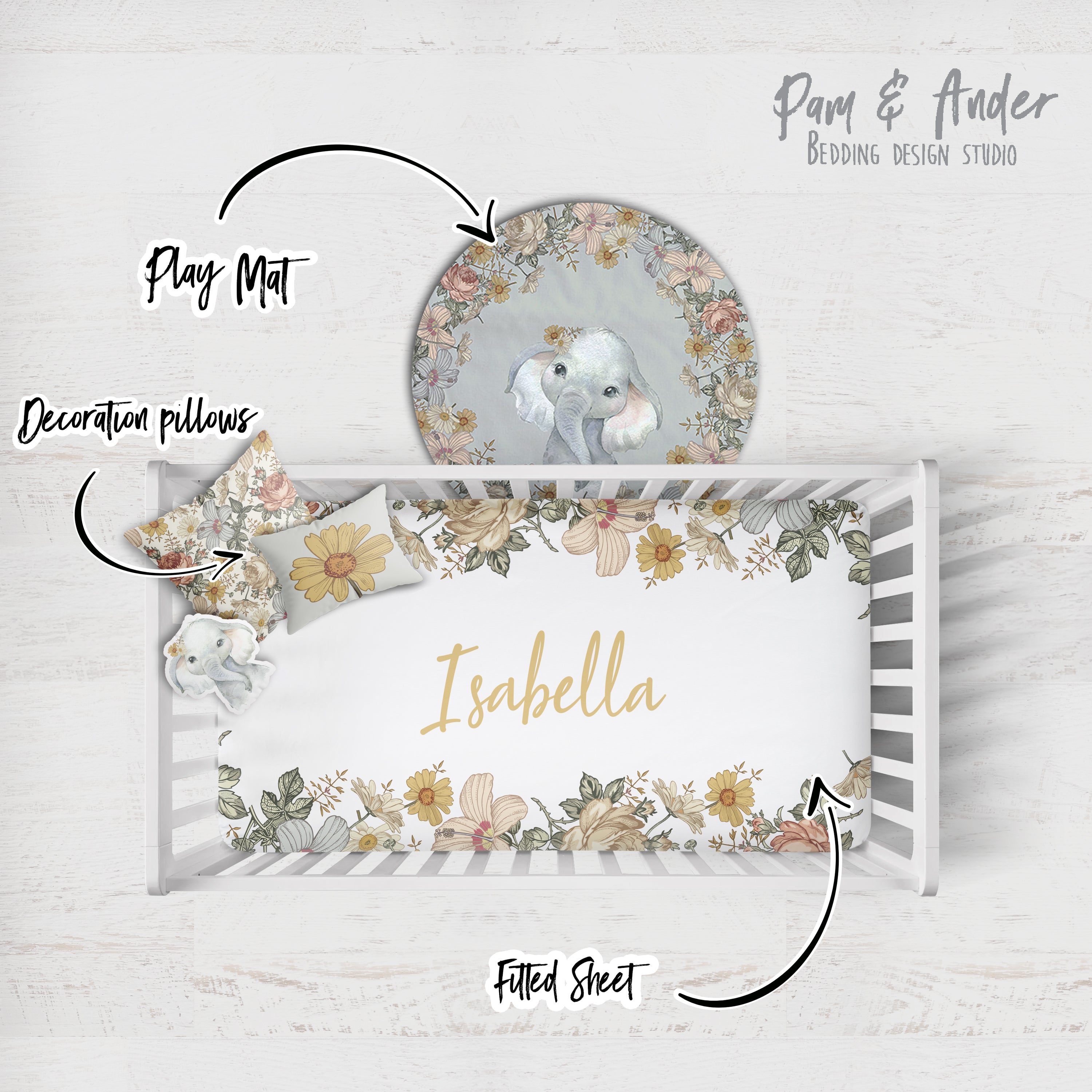 Elephant and vintage Flowers Crib Bedding Set